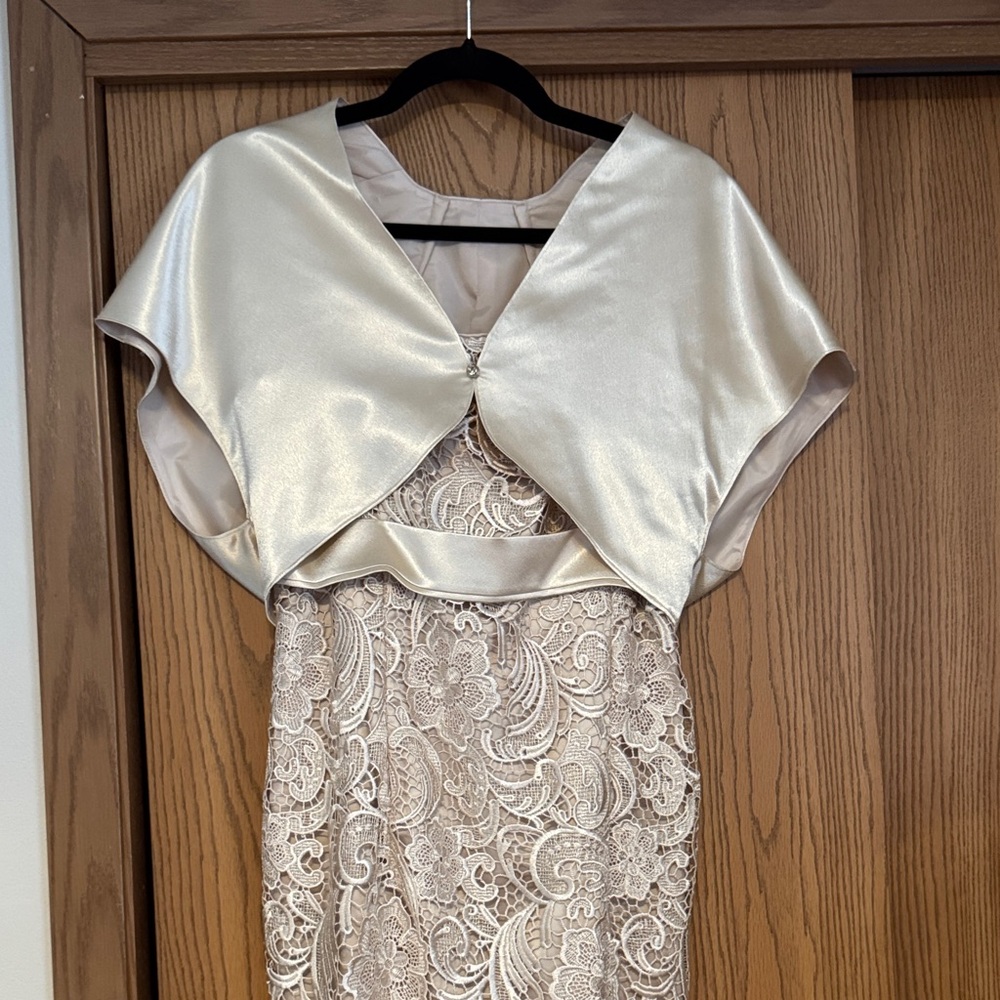 Adrianna Papell Cream Lace Dress with Satin Overlay